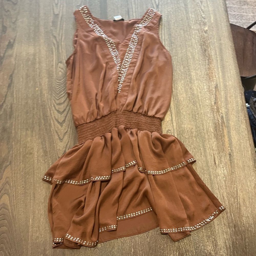 Venus Western Smocked Sleeveless Mini Tier Dress Satin Studded Brown Size 44
